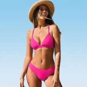 Bikini Set Lace-Up Bralette Hipster Hot Pink Triangle - Cupshe XL Barbie
